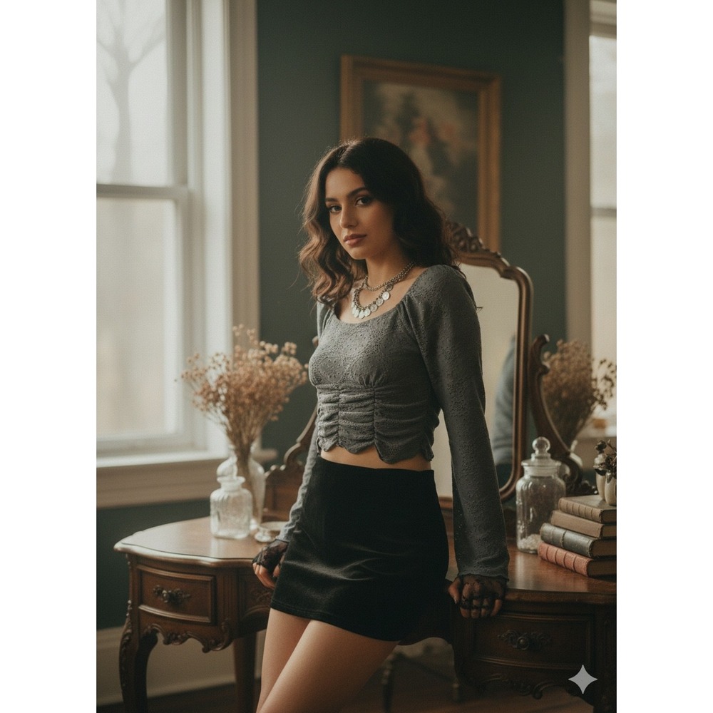 Urban Romantics Grey Eyelet Lace Ruched Milkmaid Top Long Sleeve Crop Coquette M